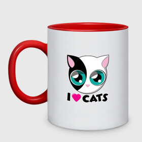 Кружка двухцветная с принтом I Love Cats в Белгороде, керамика | объем — 330 мл, диаметр — 80 мм. Цветная ручка и кайма сверху, в некоторых цветах — вся внутренняя часть | animal | cat | cute | kitty | love | meow | друг | животные | киска | китти | кот | котенок | котик | котэ | кошечка | кошка | люблю | любовь | милый | мур | мяу | питомец | тигр