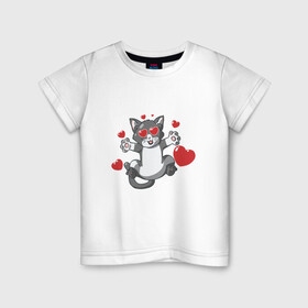 Детская футболка хлопок с принтом Love Cat в Белгороде, 100% хлопок | круглый вырез горловины, полуприлегающий силуэт, длина до линии бедер | Тематика изображения на принте: animal | cat | cute | kitty | love | meow | друг | животные | киска | китти | кот | котенок | котик | котэ | кошечка | кошка | люблю | любовь | милый | мур | мяу | питомец | сердце | тигр