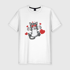 Мужская футболка хлопок Slim с принтом Love Cat в Белгороде, 92% хлопок, 8% лайкра | приталенный силуэт, круглый вырез ворота, длина до линии бедра, короткий рукав | animal | cat | cute | kitty | love | meow | друг | животные | киска | китти | кот | котенок | котик | котэ | кошечка | кошка | люблю | любовь | милый | мур | мяу | питомец | сердце | тигр