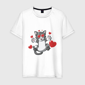 Мужская футболка хлопок с принтом Love Cat в Белгороде, 100% хлопок | прямой крой, круглый вырез горловины, длина до линии бедер, слегка спущенное плечо. | animal | cat | cute | kitty | love | meow | друг | животные | киска | китти | кот | котенок | котик | котэ | кошечка | кошка | люблю | любовь | милый | мур | мяу | питомец | сердце | тигр