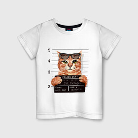 Детская футболка хлопок с принтом РУТОЙ КОТ В ОЧКАХ ЗАКЛЮЧЕННЫЙ в Белгороде, 100% хлопок | круглый вырез горловины, полуприлегающий силуэт, длина до линии бедер | Тематика изображения на принте: cat | cats | cool | cute | funny | kitten | kitty | meow | pet | prisoner | в очках | заключенный | кот | котик | коты | кошка | кошки | милый