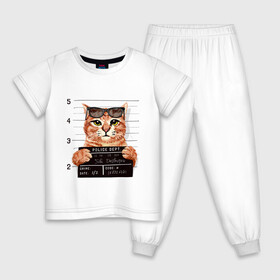 Детская пижама хлопок с принтом РУТОЙ КОТ В ОЧКАХ ЗАКЛЮЧЕННЫЙ в Белгороде, 100% хлопок |  брюки и футболка прямого кроя, без карманов, на брюках мягкая резинка на поясе и по низу штанин
 | Тематика изображения на принте: cat | cats | cool | cute | funny | kitten | kitty | meow | pet | prisoner | в очках | заключенный | кот | котик | коты | кошка | кошки | милый