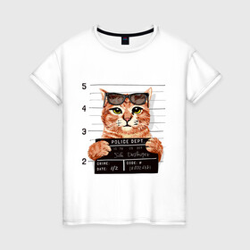 Женская футболка хлопок с принтом РУТОЙ КОТ В ОЧКАХ ЗАКЛЮЧЕННЫЙ в Белгороде, 100% хлопок | прямой крой, круглый вырез горловины, длина до линии бедер, слегка спущенное плечо | cat | cats | cool | cute | funny | kitten | kitty | meow | pet | prisoner | в очках | заключенный | кот | котик | коты | кошка | кошки | милый