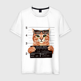 Мужская футболка хлопок с принтом РУТОЙ КОТ В ОЧКАХ ЗАКЛЮЧЕННЫЙ в Белгороде, 100% хлопок | прямой крой, круглый вырез горловины, длина до линии бедер, слегка спущенное плечо. | cat | cats | cool | cute | funny | kitten | kitty | meow | pet | prisoner | в очках | заключенный | кот | котик | коты | кошка | кошки | милый