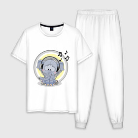 Мужская пижама хлопок с принтом Слоненок в наушниках в Белгороде, 100% хлопок | брюки и футболка прямого кроя, без карманов, на брюках мягкая резинка на поясе и по низу штанин
 | аудио | вдохновение | детеныш | детский | животное | зверь | звуки | зоопарк | лекция | малыш | муза | музыка | музыкант | мультяшный | наушники | нозы | ноты | рисунок | слон | слоненок