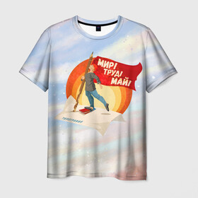 Мужская футболка 3D с принтом Лозунг в Белгороде, 100% полиэфир | прямой крой, круглый вырез горловины, длина до линии бедер | 1 мая | весна | день труда | лозунги | май | мир | первомай | рабочие | труд | флаг