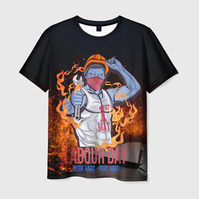 Мужская футболка 3D с принтом Work hard в Белгороде, 100% полиэфир | прямой крой, круглый вырез горловины, длина до линии бедер | 1 мая | весна | день труда | лозунги | май | мир | первомай | рабочие | труд