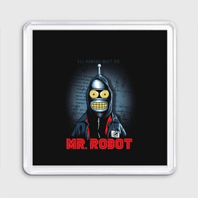 Магнит 55*55 с принтом Bender x mr robot в Белгороде, Пластик | Размер: 65*65 мм; Размер печати: 55*55 мм | bender | futurama | mr robot | planet express | бендер | мистер робот | мульт | мультфильм | планетный экспресс | туранга лила | филипп джэй фрай | футурама