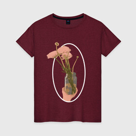 Женская футболка хлопок с принтом Лютики в банке в рамке в Белгороде, 100% хлопок | прямой крой, круглый вырез горловины, длина до линии бедер, слегка спущенное плечо | банка | лютики | розовый | рука | цветы