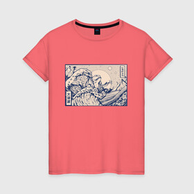 Женская футболка хлопок с принтом Японская лягушка Укиё-э в Белгороде, 100% хлопок | прямой крой, круглый вырез горловины, длина до линии бедер, слегка спущенное плечо | art | great wave | illustration | japan | japanese wave | kanji | storm | tentacle | toad | ukiyo e | wave | арт | большая волна | иероглифы | изобразительное искусство | иллюстрация | кандзи | картина | рисунок | шторм | щупальца | япония | 