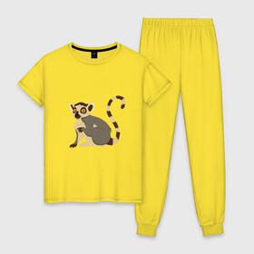 Женская пижама хлопок с принтом Удивлённый Кошачий Лемур в Белгороде, 100% хлопок | брюки и футболка прямого кроя, без карманов, на брюках мягкая резинка на поясе и по низу штанин | art | cute lemur | illustration | lemur | madagascar | monkey | арт | иллюстрация | лемуровые | мадагаскар | мартышка | милый лемур | обезьянка | полуобезьяна | примат | приматы | рисунок
