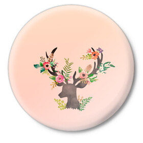 Значок с принтом олень рога цветы в Белгороде,  металл | круглая форма, металлическая застежка в виде булавки | ветки | голова | градиент | звери | косуля | лес | лето | лось | олененок | олень | природа | рога | силуэт | цветы