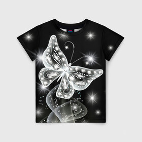 Детская футболка 3D с принтом Белая бабочка в Белгороде, 100% гипоаллергенный полиэфир | прямой крой, круглый вырез горловины, длина до линии бедер, чуть спущенное плечо, ткань немного тянется | бабочка | блестки | блестящая бабочка | черно белое