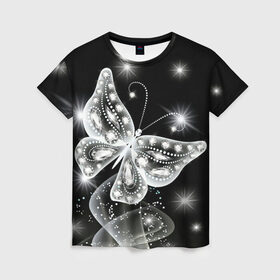 Женская футболка 3D с принтом Белая бабочка в Белгороде, 100% полиэфир ( синтетическое хлопкоподобное полотно) | прямой крой, круглый вырез горловины, длина до линии бедер | бабочка | блестки | блестящая бабочка | черно белое