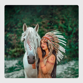 Магнитный плакат 3Х3 с принтом Дочь вождя в Белгороде, Полимерный материал с магнитным слоем | 9 деталей размером 9*9 см | девушка | индейская девушка | индейцы | лошадь