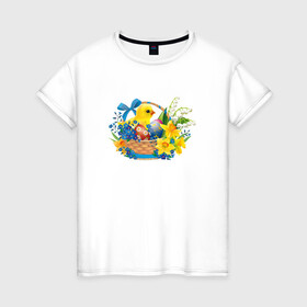 Женская футболка хлопок с принтом Пасха в Белгороде, 100% хлопок | прямой крой, круглый вырез горловины, длина до линии бедер, слегка спущенное плечо | корзина | пасха | пасхальные яйца | праздник | рисунок | цветы | цыпленок | яйца