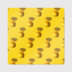 Магнит виниловый Квадрат с принтом Летние лимоны в Белгороде, полимерный материал с магнитным слоем | размер 9*9 см, закругленные углы | Тематика изображения на принте: желтый | лето | лимон | паттерн | сочный | цитрус