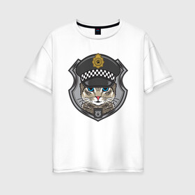 Женская футболка хлопок Oversize с принтом CAT POLICE КОШАЧЬЯ ПОЛИЦИЯ (Z) в Белгороде, 100% хлопок | свободный крой, круглый ворот, спущенный рукав, длина до линии бедер
 | 102 | 112 | cat | cats | constabulary | cop | law | meow | police | policeman | жандарм | интерпол | коп | копы | кот | котик | котики | коты | кошка | кошки | красивая кошка | мент | мяу