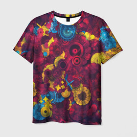 Мужская футболка 3D с принтом Цветы - шестеренки в Белгороде, 100% полиэфир | прямой крой, круглый вырез горловины, длина до линии бедер | странные цветы | узоры | узоры цветов | цветы | шестеренки