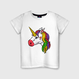 Детская футболка хлопок с принтом Цветной Единорог в Белгороде, 100% хлопок | круглый вырез горловины, полуприлегающий силуэт, длина до линии бедер | animal | horse | love | голова | грива | единорог | животные | зверь | конь | лошадь | любовь | магия | миф | рога | сердечки
