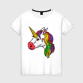 Женская футболка хлопок с принтом Цветной Единорог в Белгороде, 100% хлопок | прямой крой, круглый вырез горловины, длина до линии бедер, слегка спущенное плечо | animal | horse | love | голова | грива | единорог | животные | зверь | конь | лошадь | любовь | магия | миф | рога | сердечки