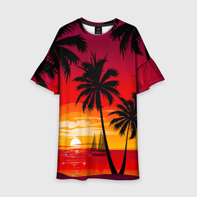 Детское платье 3D с принтом Гавайский закат в Белгороде, 100% полиэстер | прямой силуэт, чуть расширенный к низу. Круглая горловина, на рукавах — воланы | Тематика изображения на принте: гавайи | закат | корабль | лето | море | отдых | пальмы | пейзаж | песок | пляж | природа | тропики