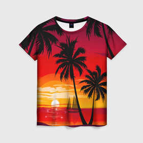 Женская футболка 3D с принтом Гавайский закат в Белгороде, 100% полиэфир ( синтетическое хлопкоподобное полотно) | прямой крой, круглый вырез горловины, длина до линии бедер | гавайи | закат | корабль | лето | море | отдых | пальмы | пейзаж | песок | пляж | природа | тропики