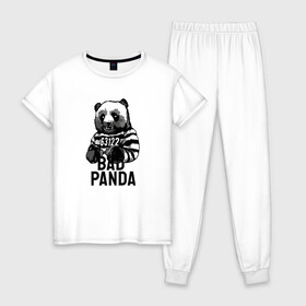 Женская пижама хлопок с принтом Плохая панда в Белгороде, 100% хлопок | брюки и футболка прямого кроя, без карманов, на брюках мягкая резинка на поясе и по низу штанин | bad | panda | заключенный | медведь | наручники | панда
