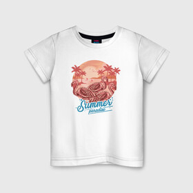 Детская футболка хлопок с принтом Summer paradise / Летний рай в Белгороде, 100% хлопок | круглый вырез горловины, полуприлегающий силуэт, длина до линии бедер | beach | palm | sea | summer | волны | жара | летние | лето | море | пальмы | пляж | фламинго