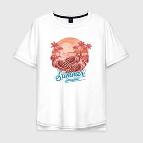 Мужская футболка хлопок Oversize с принтом Summer paradise / Летний рай в Белгороде, 100% хлопок | свободный крой, круглый ворот, “спинка” длиннее передней части | beach | palm | sea | summer | волны | жара | летние | лето | море | пальмы | пляж | фламинго