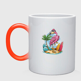 Кружка хамелеон с принтом Фламинго на пляже в Белгороде, керамика | меняет цвет при нагревании, емкость 330 мл | beach | palm | sea | summer | волны | жара | летние | лето | море | пальмы | пляж | серфинг | фламинго