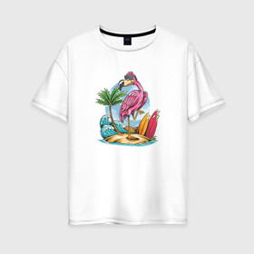 Женская футболка хлопок Oversize с принтом Фламинго на пляже в Белгороде, 100% хлопок | свободный крой, круглый ворот, спущенный рукав, длина до линии бедер
 | beach | palm | sea | summer | волны | жара | летние | лето | море | пальмы | пляж | серфинг | фламинго