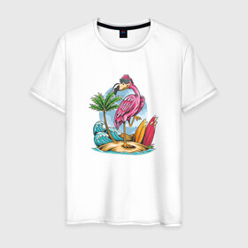 Мужская футболка хлопок с принтом Фламинго на пляже в Белгороде, 100% хлопок | прямой крой, круглый вырез горловины, длина до линии бедер, слегка спущенное плечо. | beach | palm | sea | summer | волны | жара | летние | лето | море | пальмы | пляж | серфинг | фламинго