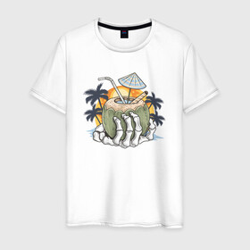 Мужская футболка хлопок с принтом Тропический коктейль в Белгороде, 100% хлопок | прямой крой, круглый вырез горловины, длина до линии бедер, слегка спущенное плечо. | beach | palm | sea | summer | волны | жара | коктейль | летние | лето | море | пальмы | пляж | тропический