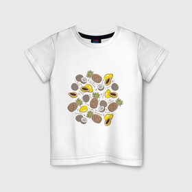 Детская футболка хлопок с принтом ананас папайя кокос в Белгороде, 100% хлопок | круглый вырез горловины, полуприлегающий силуэт, длина до линии бедер | ананас | ананасик | веган | вегетарианец | вегетарианство | здоровое питание | кокос | надписи | папайя | папая | рисунок | фрукты | фруторианец | фруторианство | экзотические