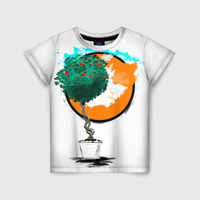 Детская футболка 3D с принтом Дерево (рисунок красками) в Белгороде, 100% гипоаллергенный полиэфир | прямой крой, круглый вырез горловины, длина до линии бедер, чуть спущенное плечо, ткань немного тянется | дерево | зеленый | зелень | искусство | краски | оранжевый | пейзаж | растение | рисунок | современный дизайн | современный стиль | солнце