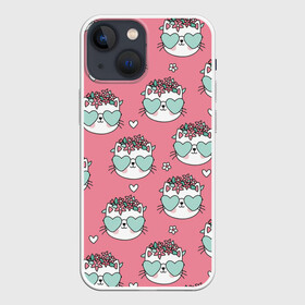 Чехол для iPhone 13 mini с принтом Котики с цвточками в Белгороде,  |  | cat | cats | kitten | глаза | глазки | девочкам | кот | котёнок | котик | котики | котэ | котята | кошак | кошка | кошки | красивая | милая | прикольная | светлая | темная | черная