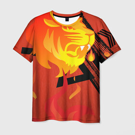 Мужская футболка 3D с принтом Огненный лев в Белгороде, 100% полиэфир | прямой крой, круглый вырез горловины, длина до линии бедер | красный | лев | линии | огненный | огонь | пламя | рисунки