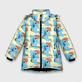 Зимняя куртка для девочек 3D с принтом Rainbow Dash в Белгороде, ткань верха — 100% полиэстер; подклад — 100% полиэстер, утеплитель — 100% полиэстер. | длина ниже бедра, удлиненная спинка, воротник стойка и отстегивающийся капюшон. Есть боковые карманы с листочкой на кнопках, утяжки по низу изделия и внутренний карман на молнии. 

Предусмотрены светоотражающий принт на спинке, радужный светоотражающий элемент на пуллере молнии и на резинке для утяжки. | Тематика изображения на принте: my little pony | дружба это чудо | единорог | единороги | май литл пони | мульт | мультфильм | радуга дэш | селестия | спайк | сумеречная искорка