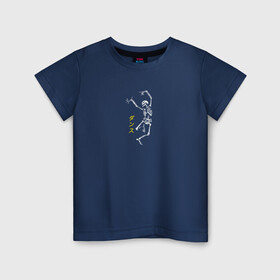 Детская футболка хлопок с принтом Танец скелета в Белгороде, 100% хлопок | круглый вырез горловины, полуприлегающий силуэт, длина до линии бедер | иероглифы | монстр | надпись на японском | прикол | скелет | танец