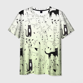 Мужская футболка 3D с принтом узор простые рисунки котов в Белгороде, 100% полиэфир | прямой крой, круглый вырез горловины, длина до линии бедер | ветеринару | градиент | коты | котята | кошатнику | кошки | любителю кошек | мило | минимализм | мяу | примитив | рисованные котики | рисунок
