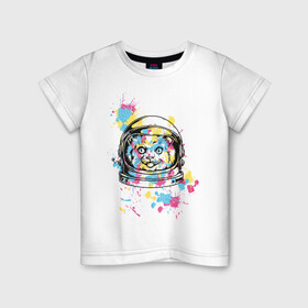 Детская футболка хлопок с принтом Космокот в Белгороде, 100% хлопок | круглый вырез горловины, полуприлегающий силуэт, длина до линии бедер | Тематика изображения на принте: астронавт | вселенная | кляксы | космонавт | космонавтика | космос | краска | полёт | разноцветный | скафандр | шлем