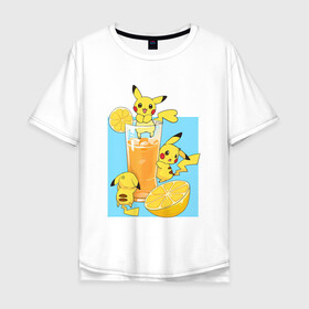 Мужская футболка хлопок Oversize с принтом Пикачу в лимонаде в Белгороде, 100% хлопок | свободный крой, круглый ворот, “спинка” длиннее передней части | anime | picachu | pikachu | аниме | красная шапочка | милый | пика | пикачу | покебол | покемон