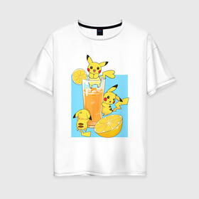 Женская футболка хлопок Oversize с принтом Пикачу в лимонаде в Белгороде, 100% хлопок | свободный крой, круглый ворот, спущенный рукав, длина до линии бедер
 | anime | picachu | pikachu | аниме | красная шапочка | милый | пика | пикачу | покебол | покемон