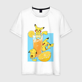 Мужская футболка хлопок с принтом Пикачу в лимонаде в Белгороде, 100% хлопок | прямой крой, круглый вырез горловины, длина до линии бедер, слегка спущенное плечо. | Тематика изображения на принте: anime | picachu | pikachu | аниме | красная шапочка | милый | пика | пикачу | покебол | покемон