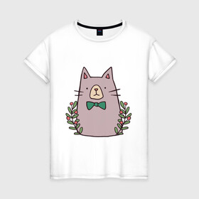 Женская футболка хлопок с принтом торжественный кот в Белгороде, 100% хлопок | прямой крой, круглый вырез горловины, длина до линии бедер, слегка спущенное плечо | акварель | бабочка | бантик | галстук | животные | звери | кот | котейка | рисунок | торжественный
