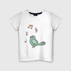 Детская футболка хлопок с принтом птичка зеленая поет в Белгороде, 100% хлопок | круглый вырез горловины, полуприлегающий силуэт, длина до линии бедер | весна | зеленый птенчик | мелодия | музыка | ноты | оратор | певец | певица | пение | песня | птенец | птица | птичка | птичужка | радость | рисунок | чив | чирик