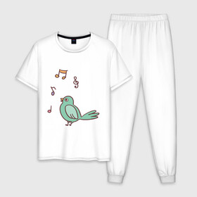 Мужская пижама хлопок с принтом птичка зеленая поет в Белгороде, 100% хлопок | брюки и футболка прямого кроя, без карманов, на брюках мягкая резинка на поясе и по низу штанин
 | весна | зеленый птенчик | мелодия | музыка | ноты | оратор | певец | певица | пение | песня | птенец | птица | птичка | птичужка | радость | рисунок | чив | чирик