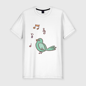 Мужская футболка хлопок Slim с принтом птичка зеленая поет в Белгороде, 92% хлопок, 8% лайкра | приталенный силуэт, круглый вырез ворота, длина до линии бедра, короткий рукав | весна | зеленый птенчик | мелодия | музыка | ноты | оратор | певец | певица | пение | песня | птенец | птица | птичка | птичужка | радость | рисунок | чив | чирик