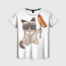 Женская футболка 3D с принтом Злобный котяу в Белгороде, 100% полиэфир ( синтетическое хлопкоподобное полотно) | прямой крой, круглый вырез горловины, длина до линии бедер | вилка | голодный кот | еда | злобный кот | сосиска | фастфуд | хот дог
